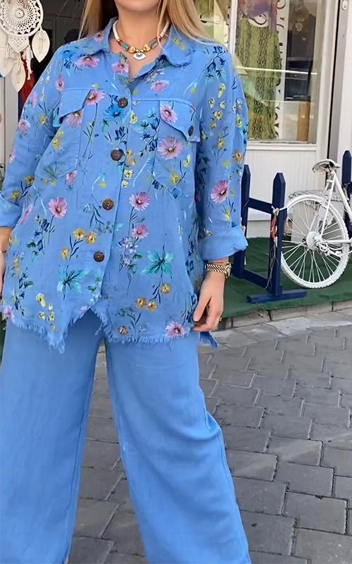 Women Casual Lapel Single-breasted Printed Two-piece Suit