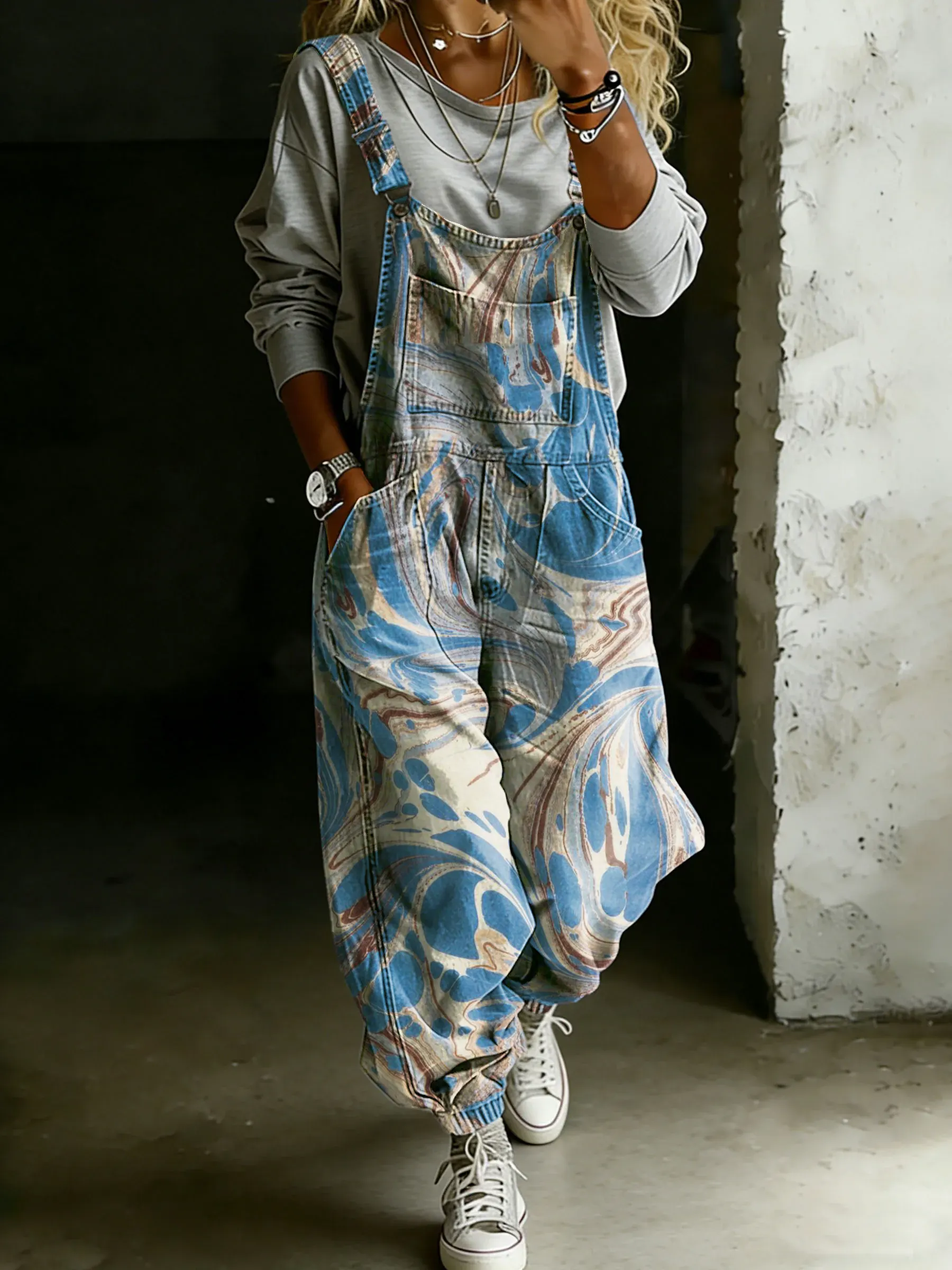 Women’s Vintage Abstract Psychedelic Art Print Casual One Piece Denim Jumpsuit