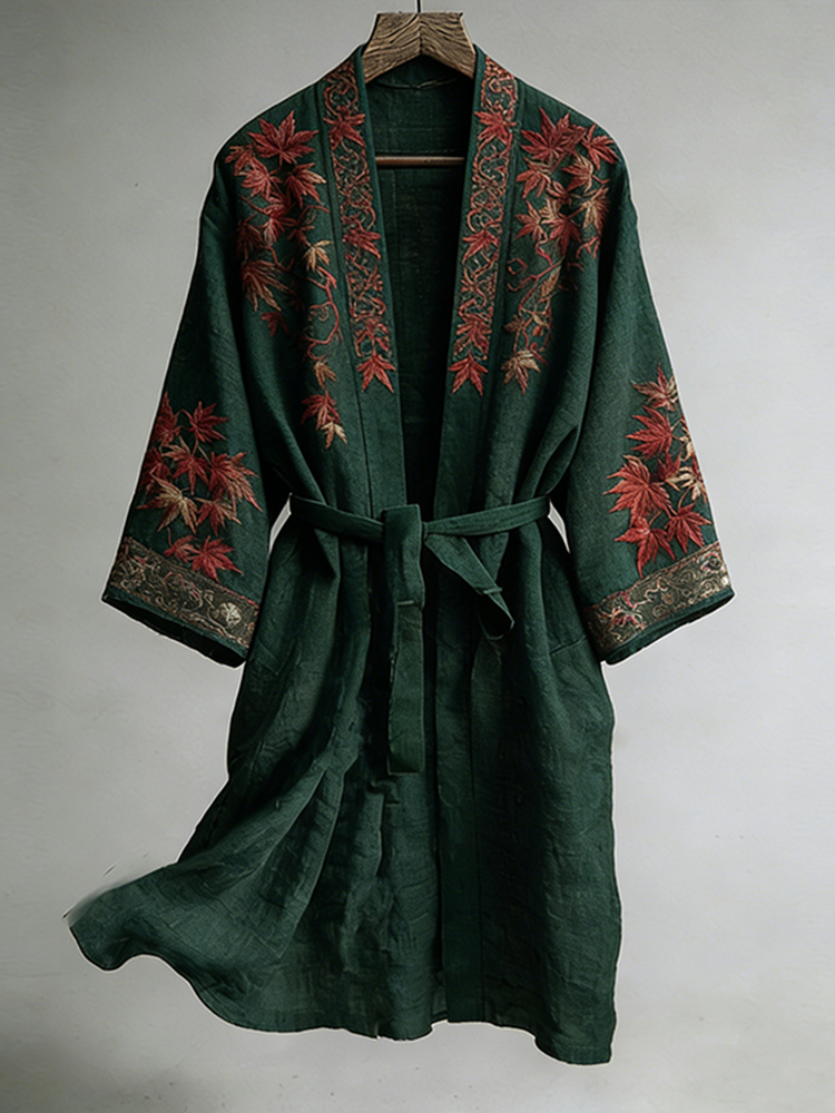 Japanese Maple Leaf Print Linen Blend Kimono