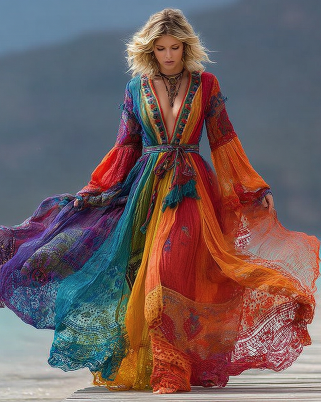 Women's fashionable bright rainbow tie-dyed cotton and linen dress  6045