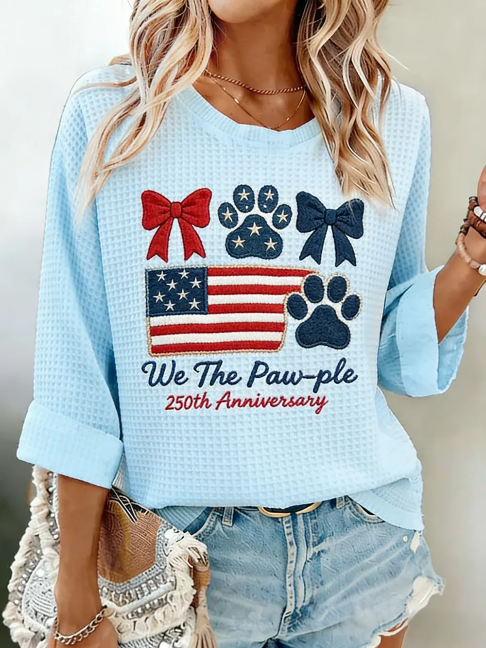 We The Paw-ple 250th Anniversary American Flag Embroidered Waffle Knit Top