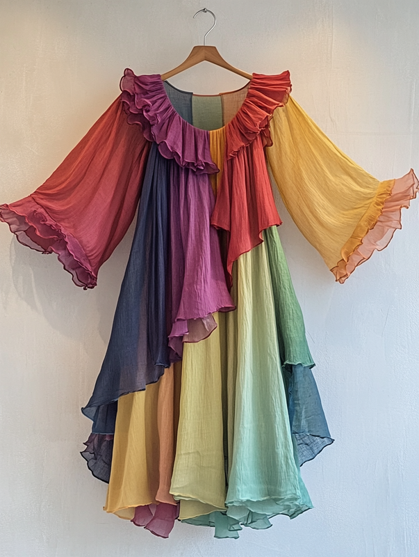 Contrast Rainbow Ruffle Chiffon Dress 13ac