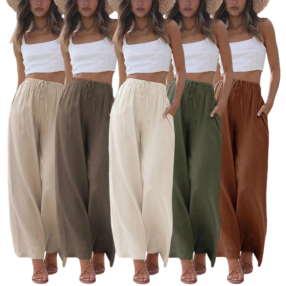 Women's Cotton Linen Summer Palazzo Pants Flowy Wide Leg Beach Trousers with Pockets Casual Womenswear