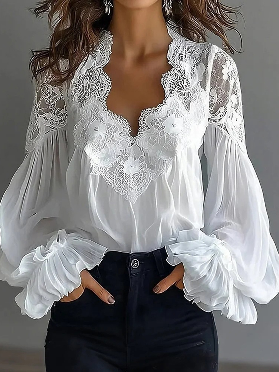 Women's Lace Patchwork Puff Sleeve Shirt