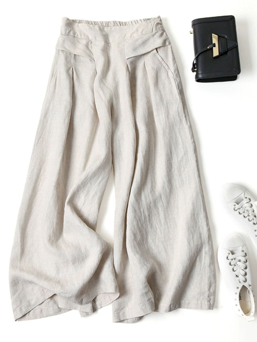 Women's Solid Color Semi-elastic High Waist Casual Pockets Cotton and Linen Wide Leg Pants