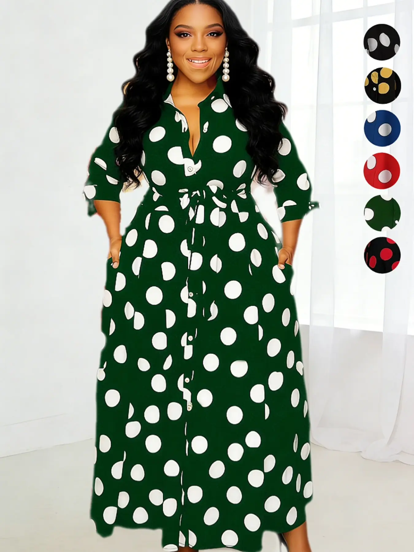 Plus Size Polka Dot Print Belted Button Front Shirt Dress