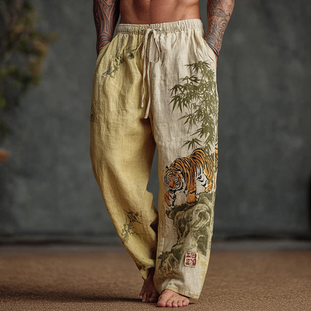 Men's Japanese Style Tiger And Bamboo Forest Retro Tie-dye Linen Trousers