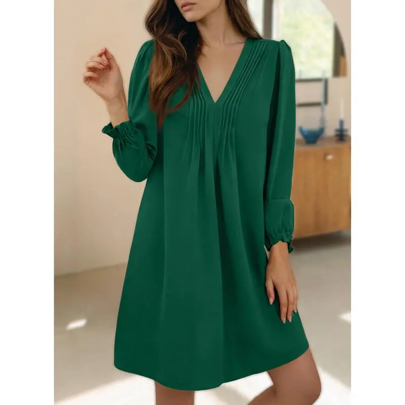 Womens Casual Dress A-Line Ruffle Sleeve V Neck Midi Dress