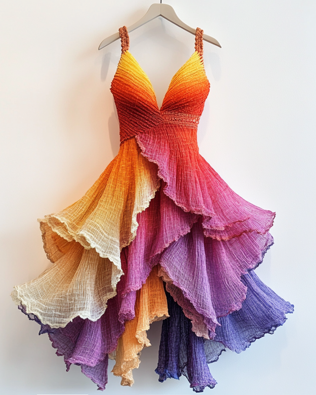 Summer Rainbow Gradient Ruffle Suspender Dress   896c