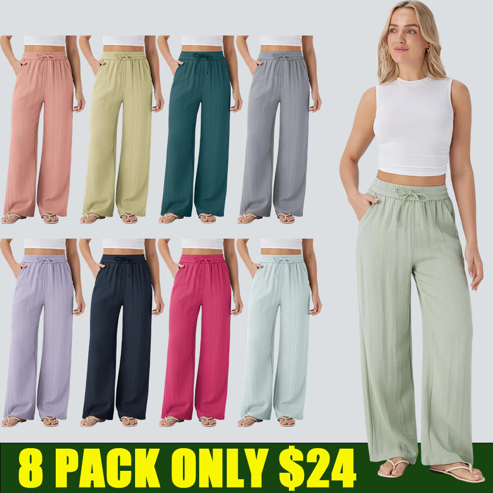 Women's High Waist Drawstring Wide Leg Linen-Feel Casual Pants with Pockets
