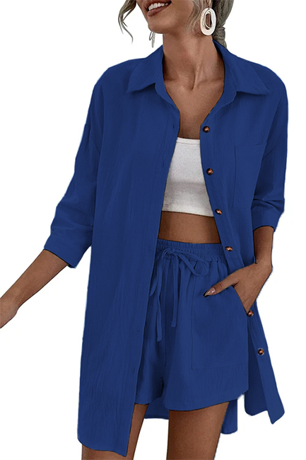 2025 Women's Linen 2-Piece Lounge Set – High-Low Shirt & Drawstring Shorts