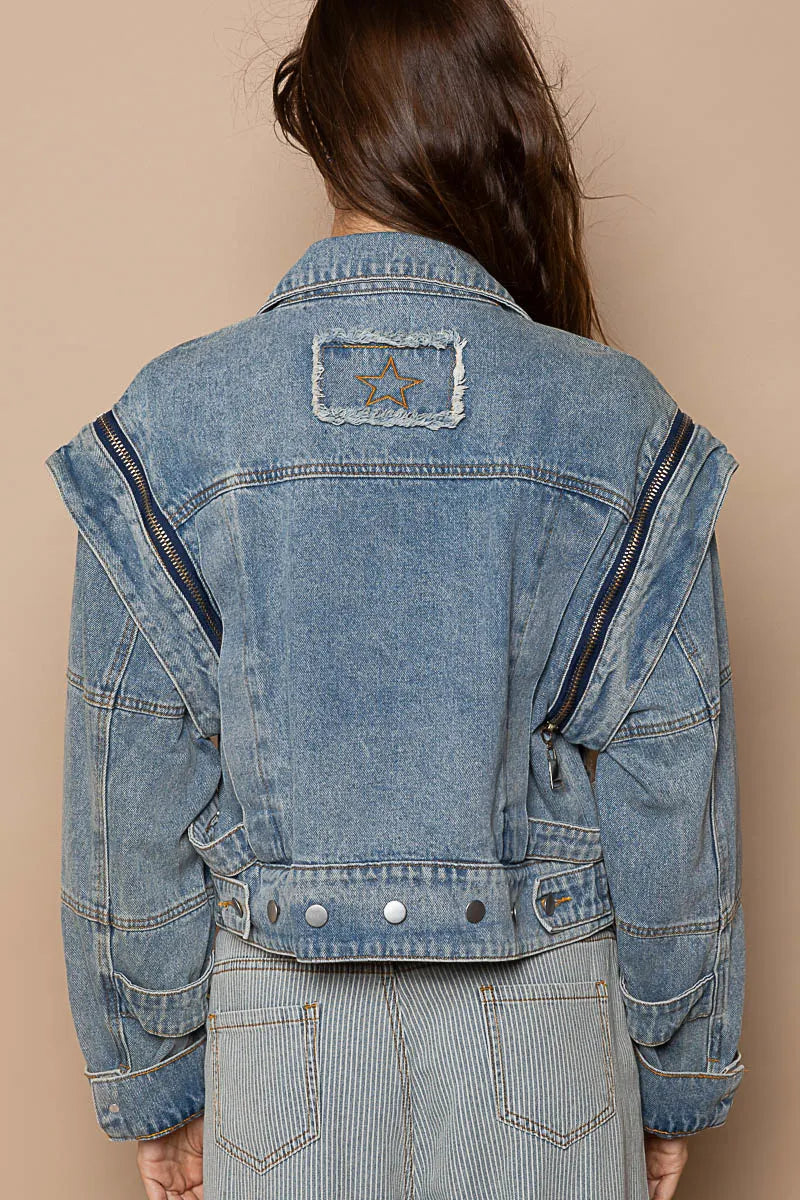 Cropped Denim Jacket with Functional Zipper Detail