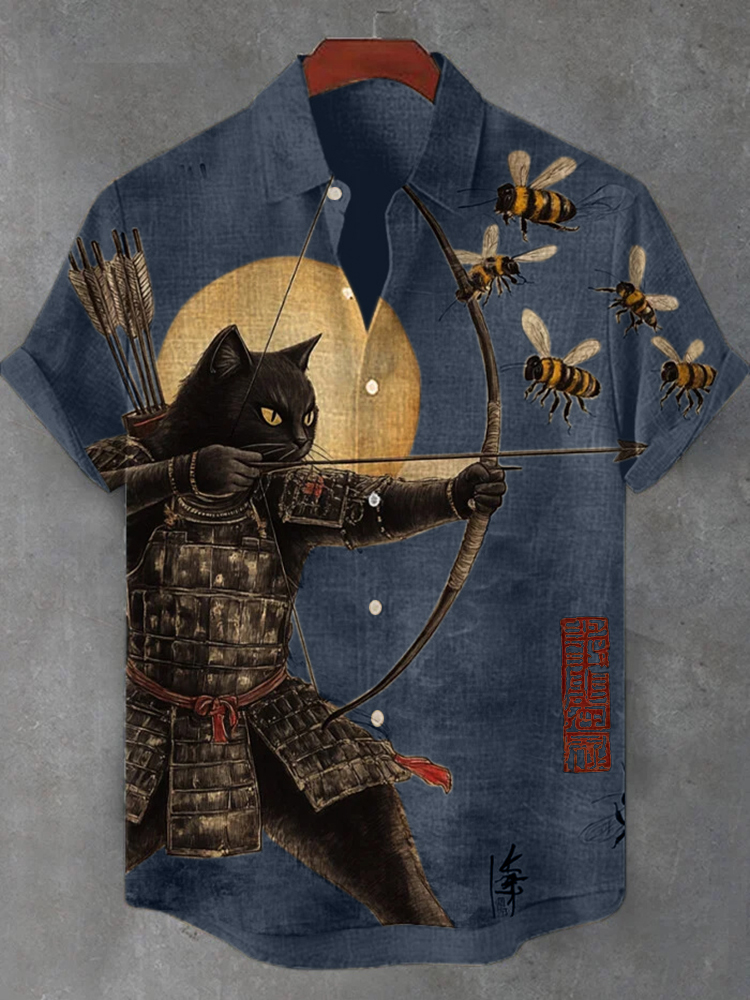 Men's Black Cat Tribal Warrior Japanese Kyudo Print Short Sleeve Shirt