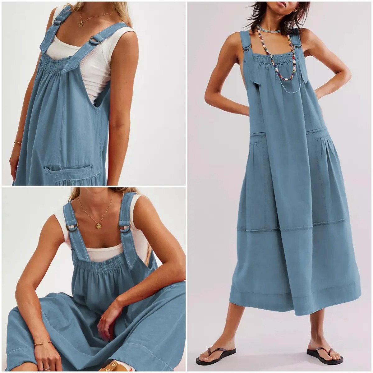 Women’s Strappy Sleeveless Barrel Midi Dress with Pockets