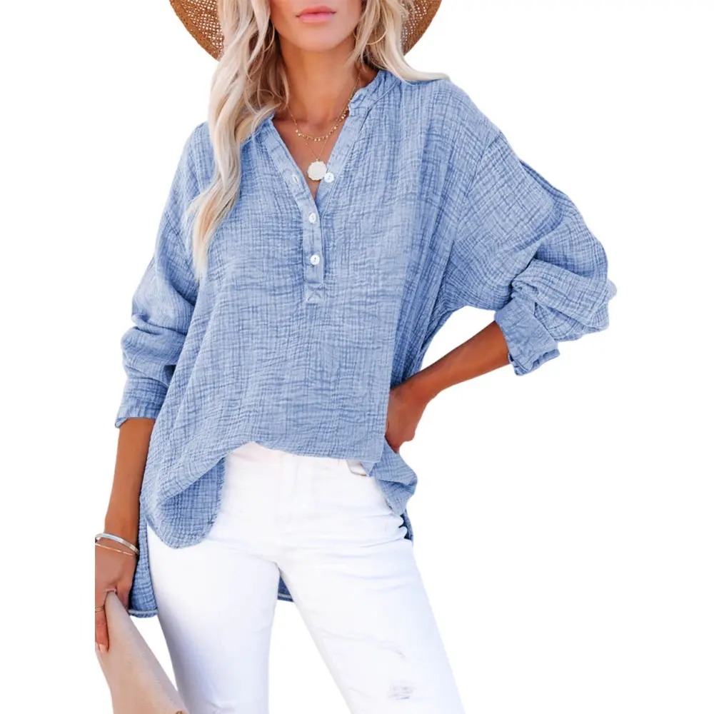 Women's Casual Button V Neck Long Sleeve Shirts Oversized Solid Blouses Tops 100% Cotton