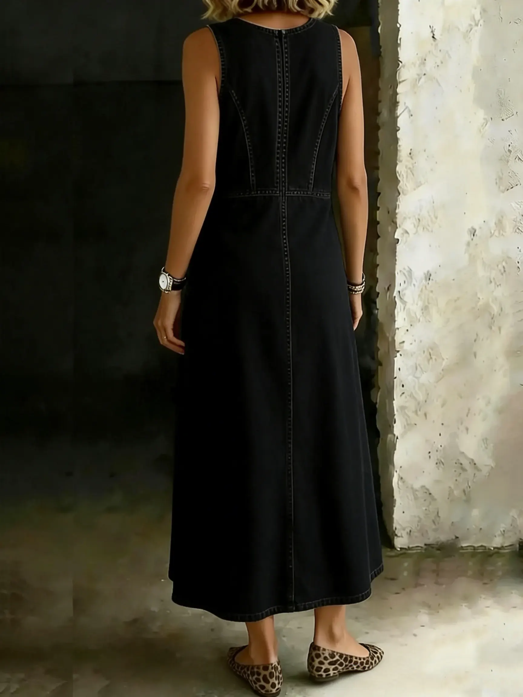 Women's Retro Round Neck Sleeveless Casual Loose Denim Vest Dress