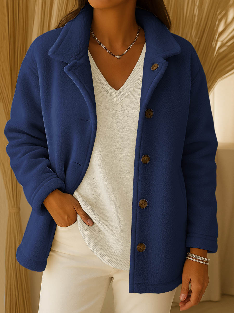 Women's Solid Color Lapel Long Sleeve Polar Fleece Cardigan Jacket