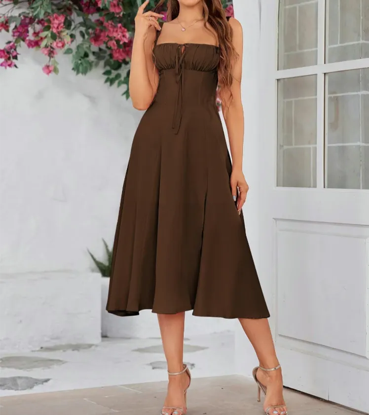 Plus Size Women's Elegant Lace Up Midi Dress – Square Neck, Tie Front