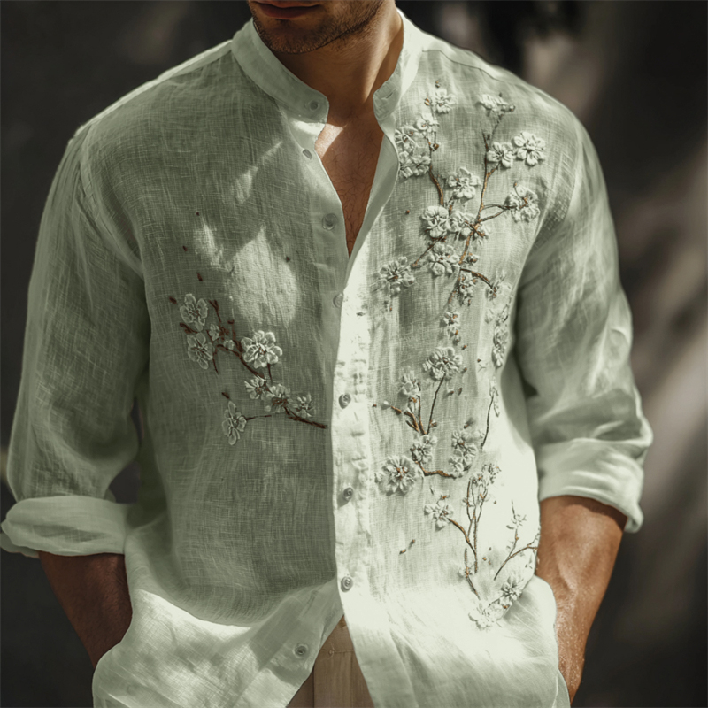 Men's Classy White Almond Blossom Embroidered Linen Shirt