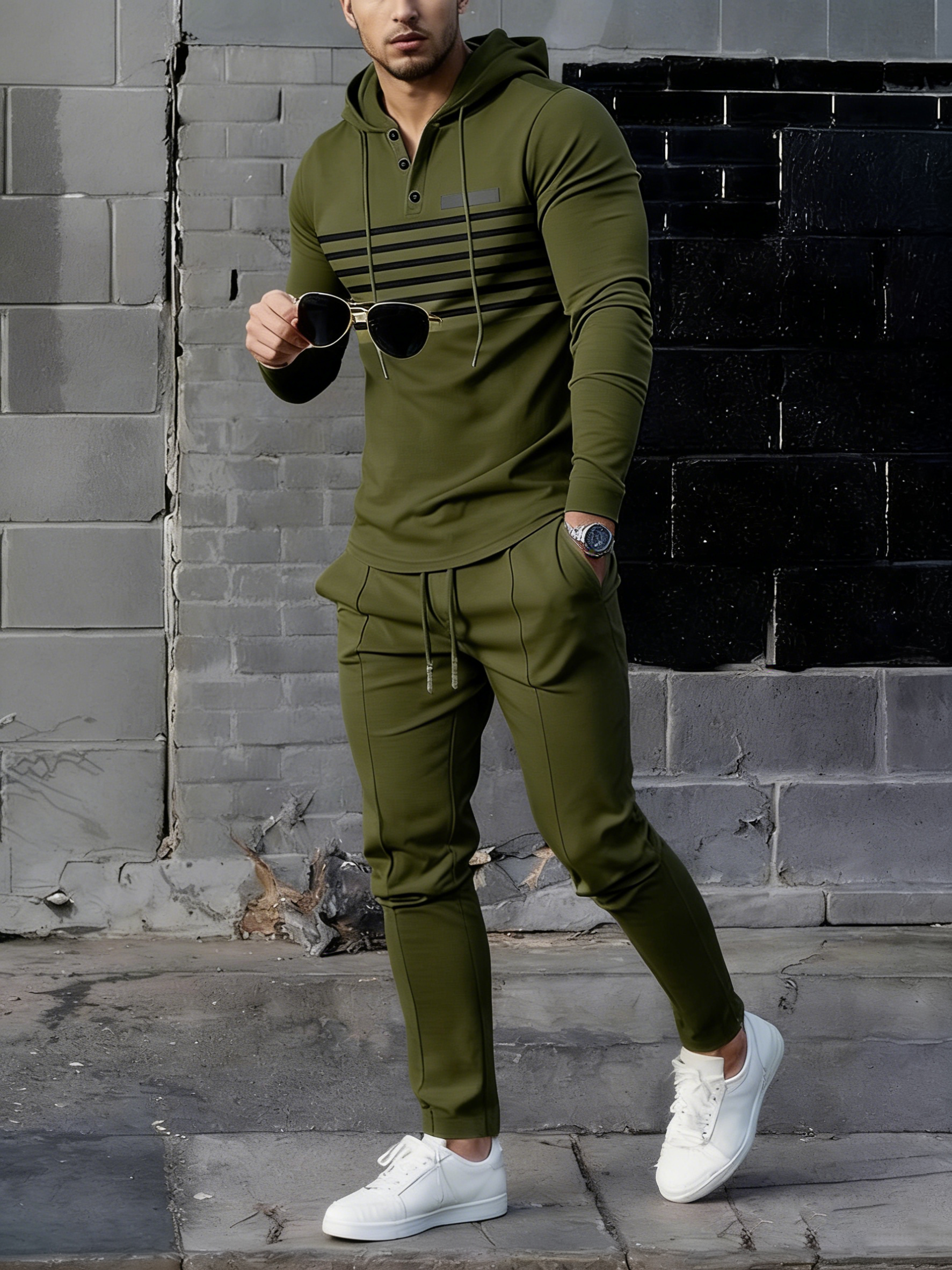 Men’s Hooded Striped Sweatshirt & Waffle Knit Pants Set