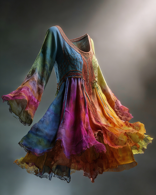 Women's fashionable bright rainbow tie-dyed cotton and linen dress  8552