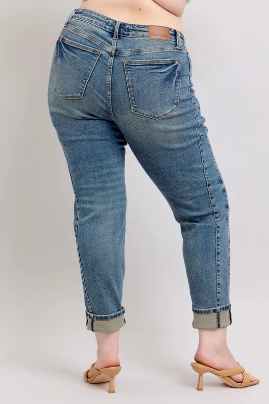 Blue Full Size Mid Rise Vintage Wash Double Roll Cuff Boyfriend Jeans Plus Size