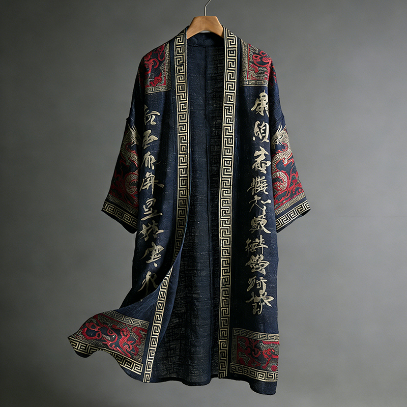 Men's Japanese Dragon Pattern Calligraphy And Painting Art Linen Long Kimono