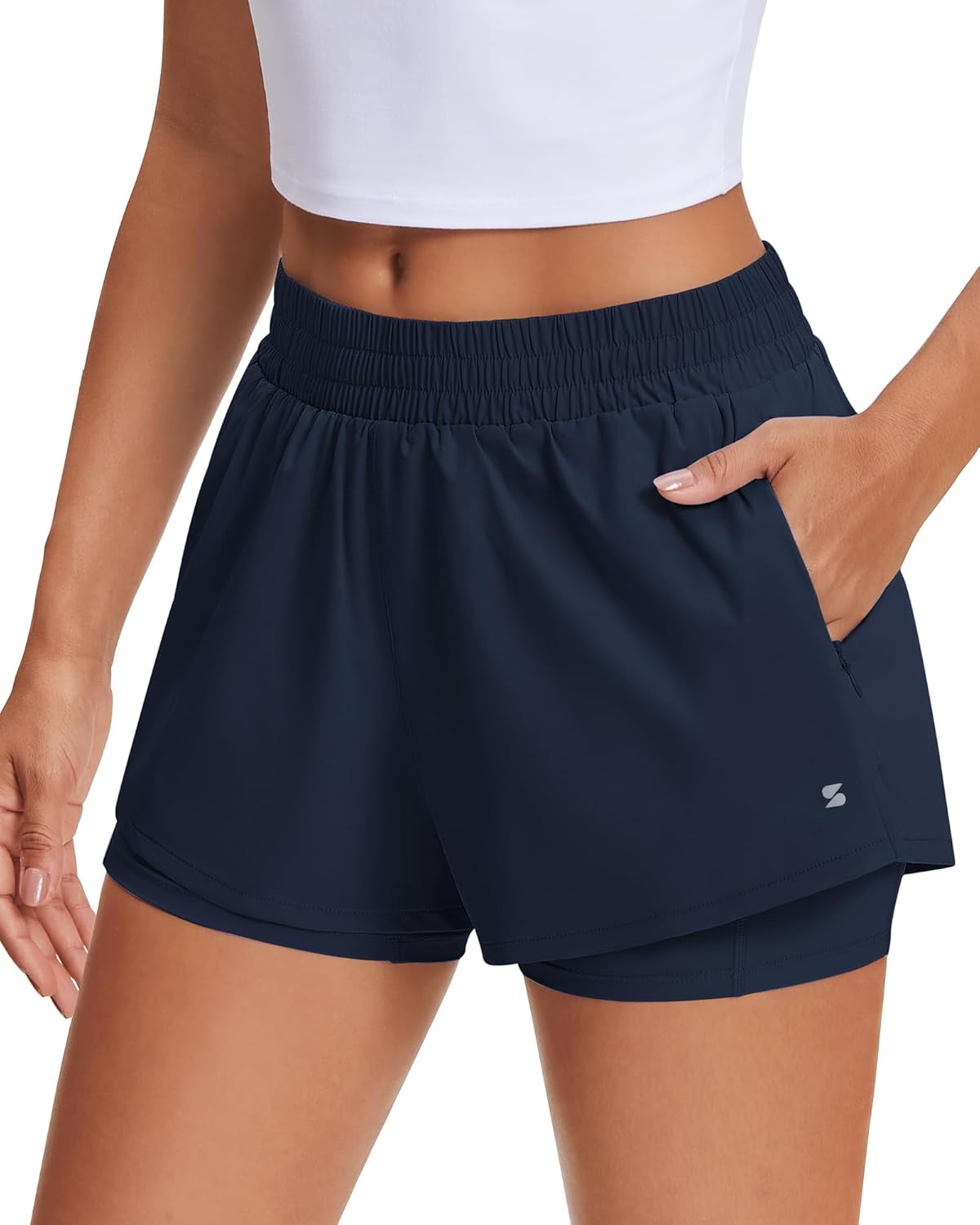 Women's 2 in 1 Running Shorts Athletic Workout Gym Shorts High Waisted Shorts with Liner Zipper Pockets