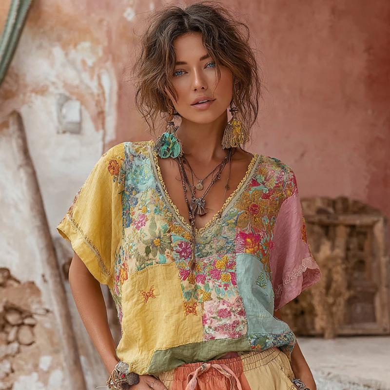 Women's Bohemian Floral Embroidery Patchwork Art V-neck Linen Blend T-shirt