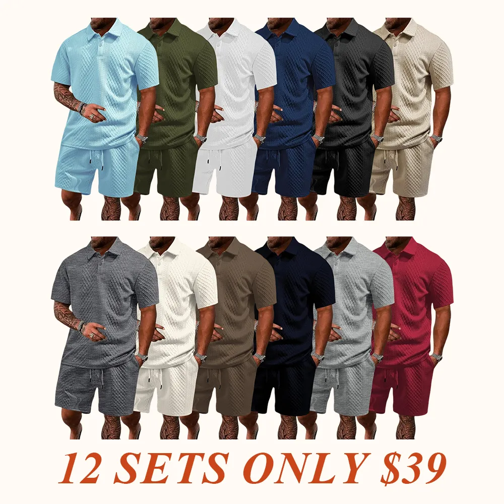 🔥Men's Solid Polo Shirt & Drawstring Waist Shorts Set, Cozy Breathable Two-piece Outfits for Daily Outdoor Wear, Men Clothes for Summer