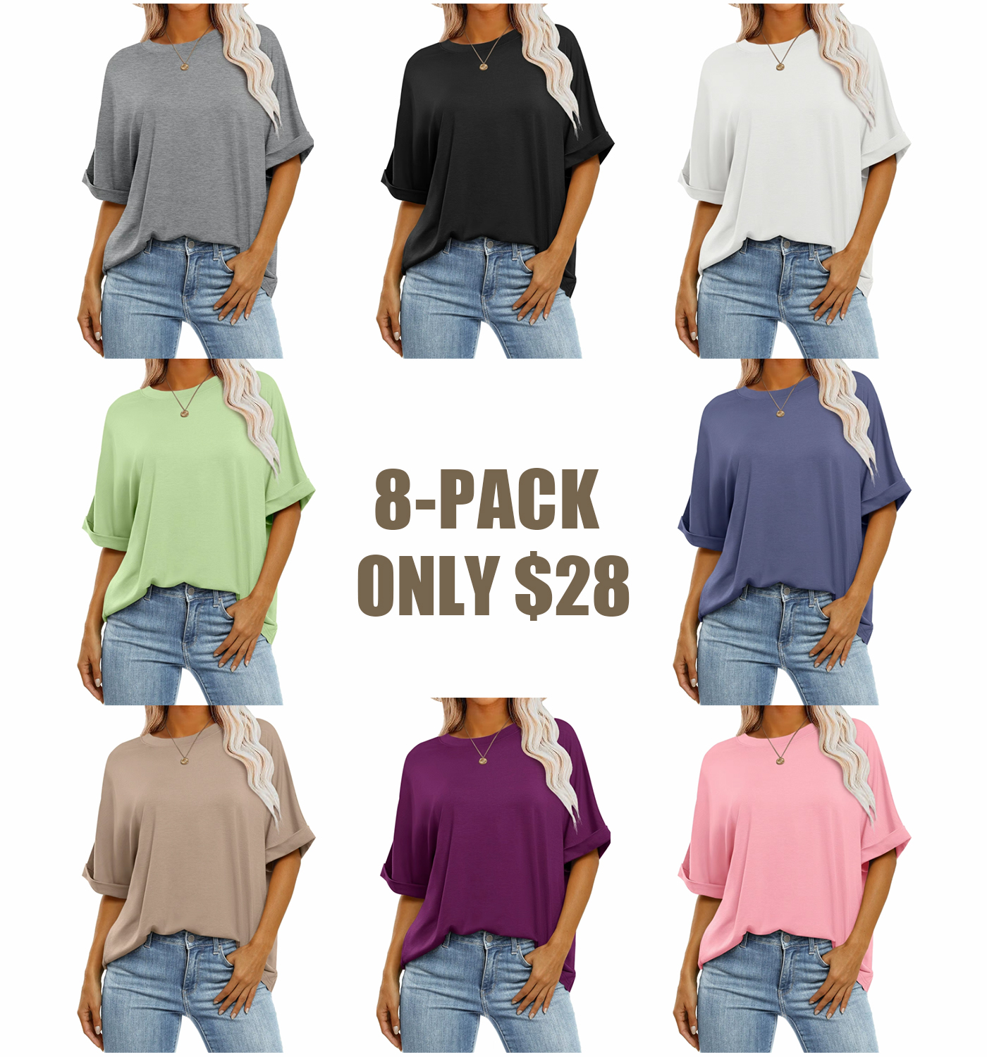 2025 Women's Oversized T-Shirt - Crewneck, Short Roll Sleeves, Relaxed Fit