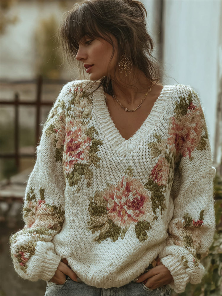 Vintage Pink Floral V Neck Cozy Knit Sweater