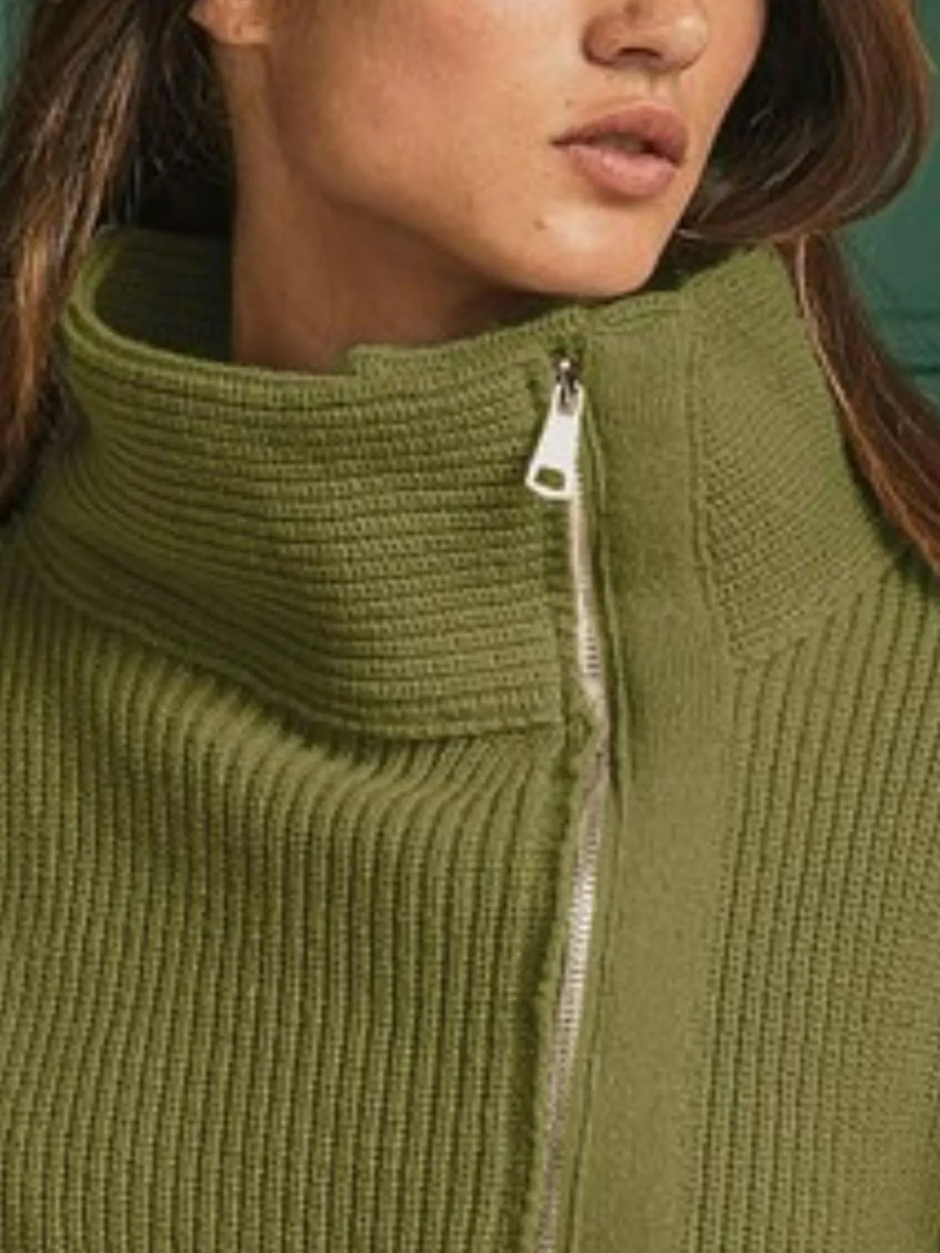 Front Zip Up High Neckline Sweater Jacket