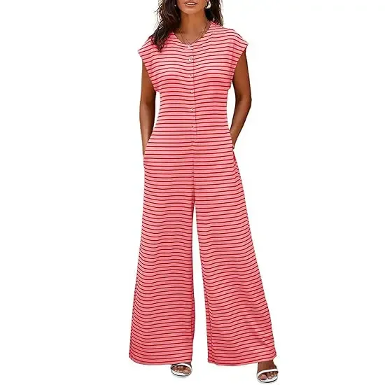 Women’s Casual Striped Wide Leg Jumpsuit – Summer Cap Sleeve Button Down Romper with Pockets