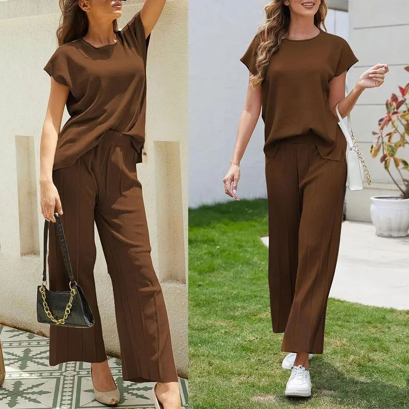 Women's Knit Pullover Tops High Waisted Pants Set