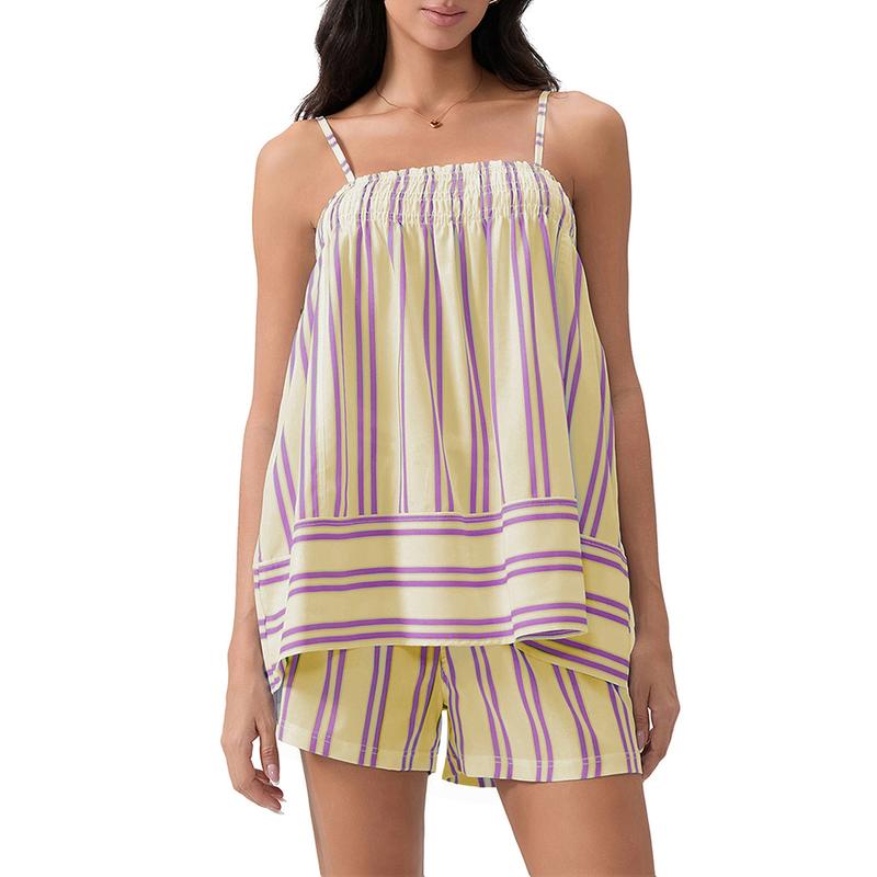 Outdoorfun Women Shorts Set, Striped Camisole with Elastic Waist Shorts Summer Outfit Sleeveless Fashion Womenswear Gorgeous Tops Clothes