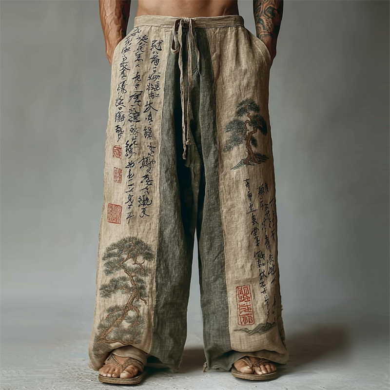 Men's Japanese Pine Trees Calligraphy Contrast Linen Pants