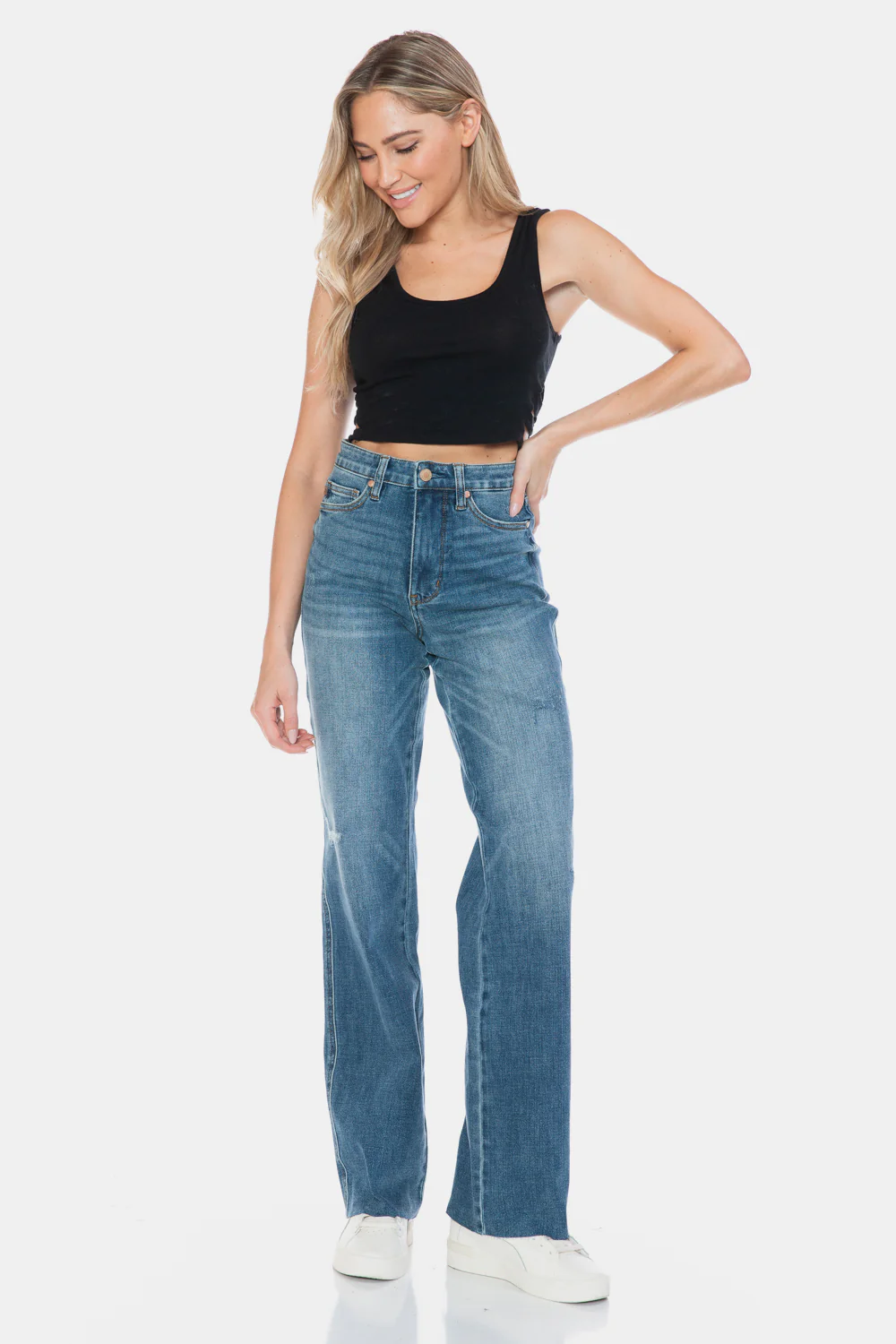 Blue Full Size Tummy Control Cut Raw Hem Straight Jeans