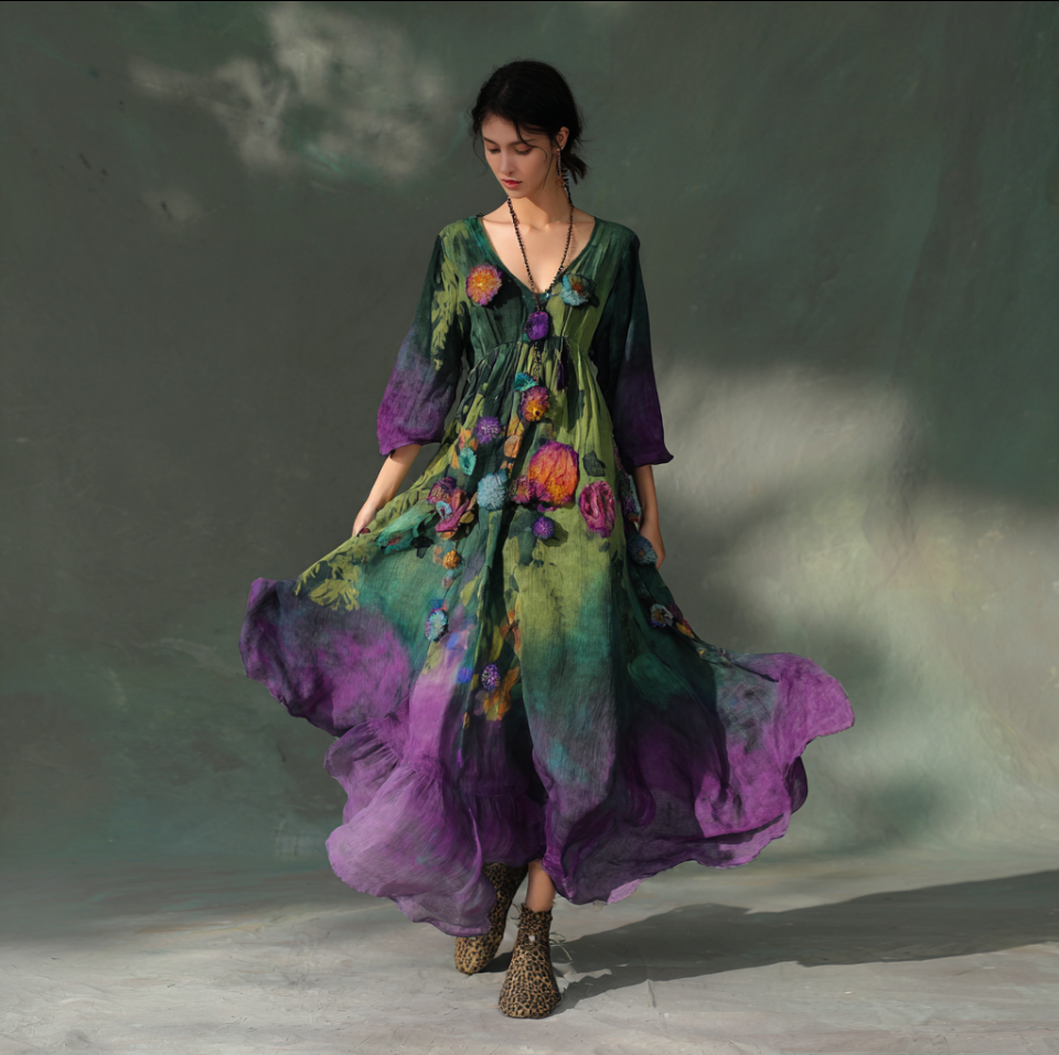 Bohemian Style Three-dimensional Floral Pattern Green And Purple Gradient Long Dress