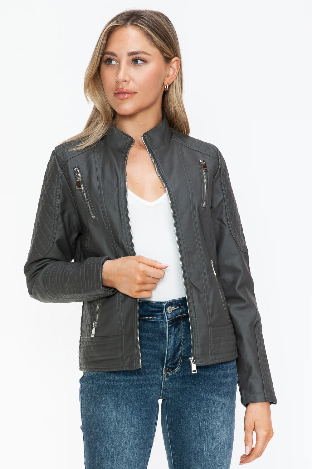 Faux Leather Zip Up Mock Neck Jacket