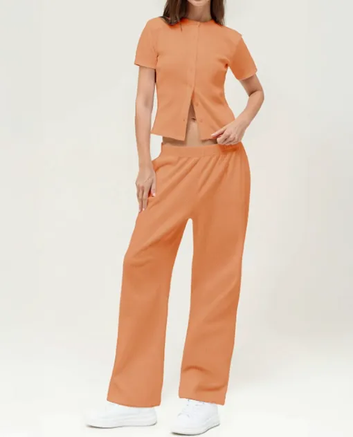 Chic Women's Button-Up Top & Wide Leg Trouser Set – Casual & Comfy!