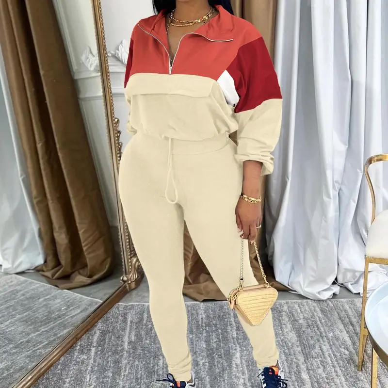 Women’s Colorblock Knit Tracksuit Set – Zip Jacket & Elastic Waist Pants