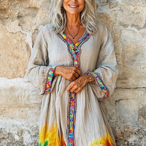 Vintage Loose Linen Patchwork Dress 96fe