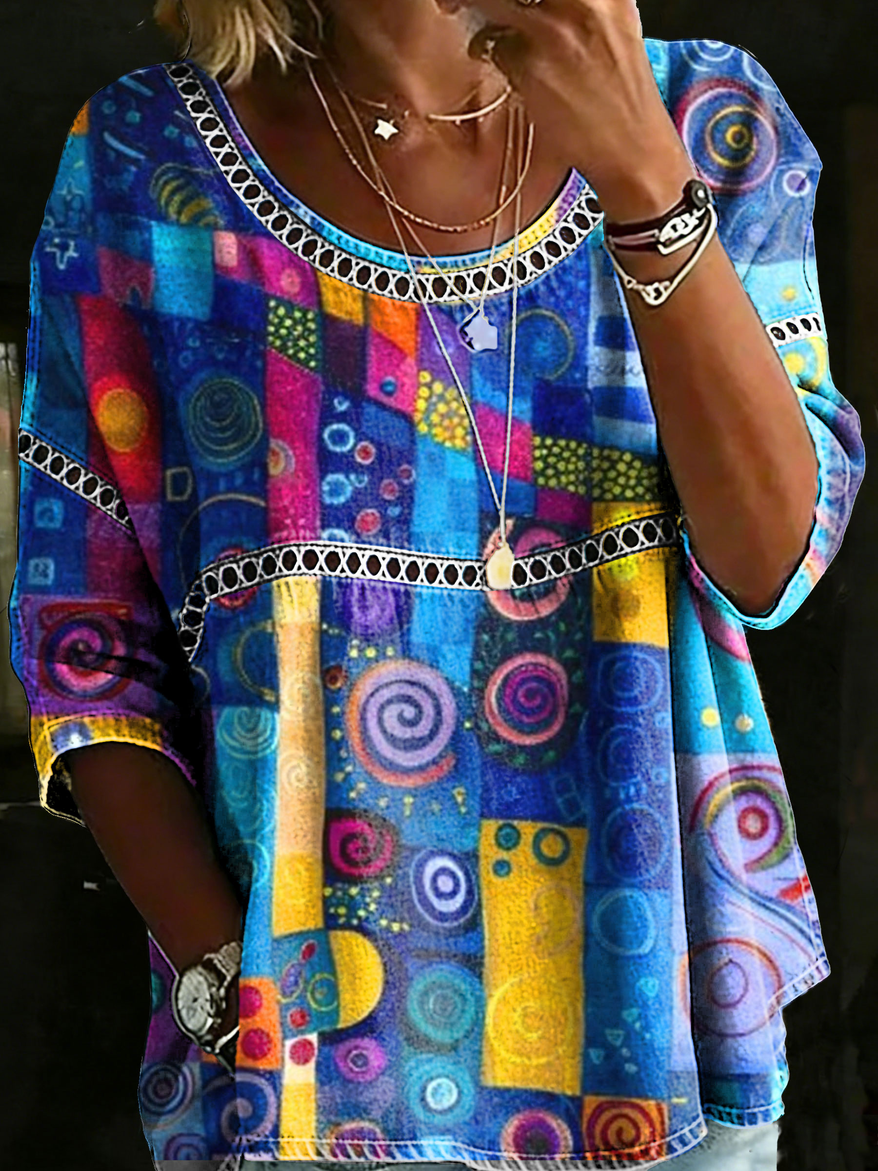 Women's Multicolor Abstrct Casual Loose Denim Blouse Shirt