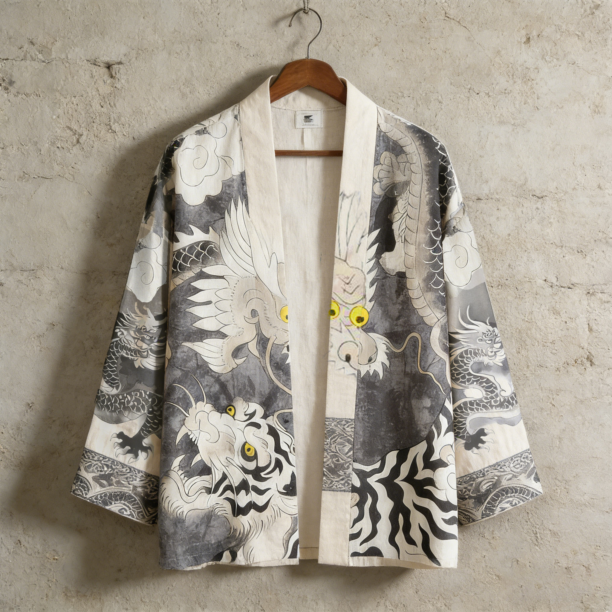 Men's Retro Dragon And Tiger Fight Print Linen Kimono Cardigan