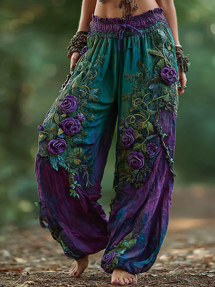 Women's Vintage Rose Floral Pattern Casual Pants