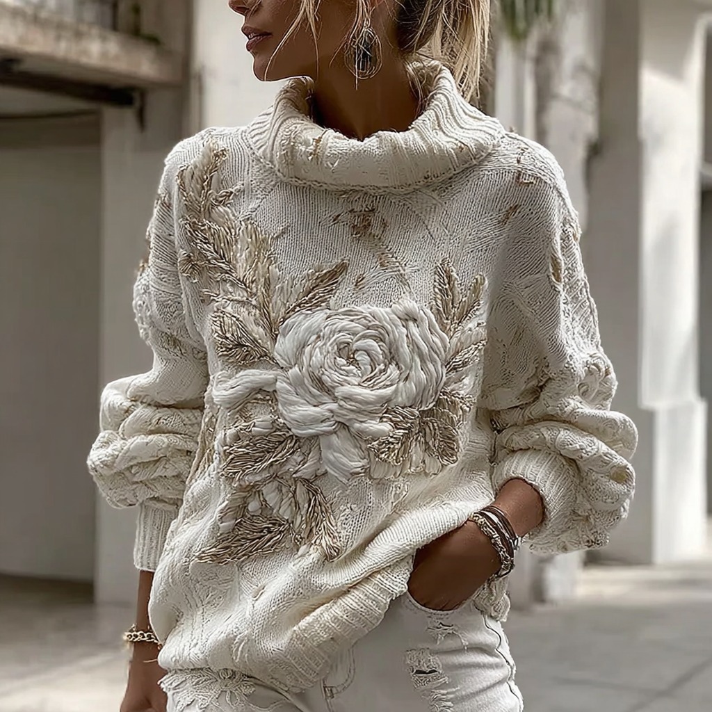 Women's Vintage White Rose Chunky Knit Turtleneck Sweater