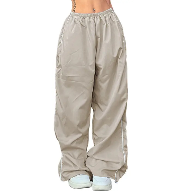 Wide-Leg Elastic-Waist Parachute Pants — Relaxed High-Rise Trousers