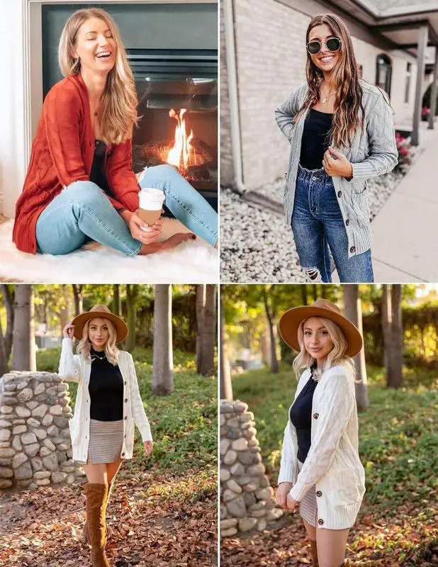Women's Fall Casual Long Sleeve Button Down Open Front Cable Knit Cardigan