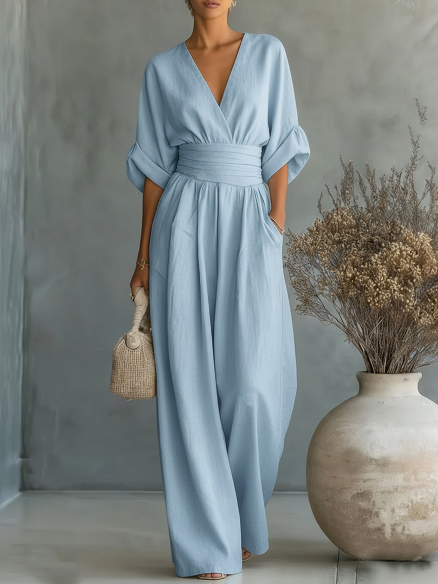 Elegant V-neck High-waisted Loose Jumpsuit